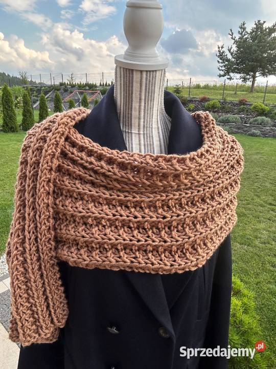 Szal złotobrązowy wzór francuski handmade nowy warmińsko-mazurskie Olsztyn