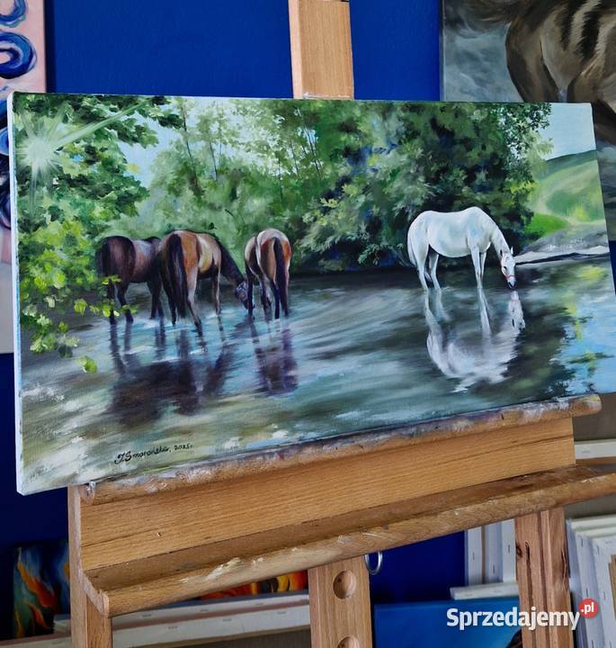 Obraz ręcznie malowany konie rzeką 30x60 Męcina sprzedam