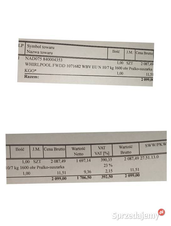 Pralko suszarka Whirlpool wolnostojące Żółkiewka-Osada sprzedam