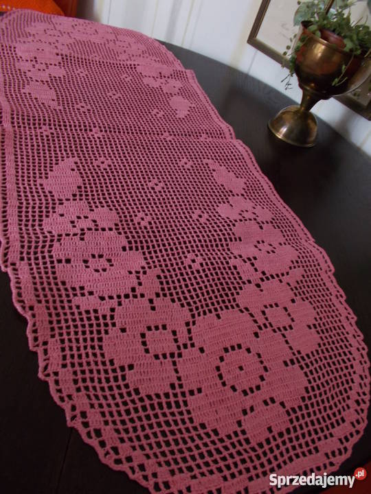 Dłuuuga Różowa Serweta Rękodzieło PRL Vintage Szczecin