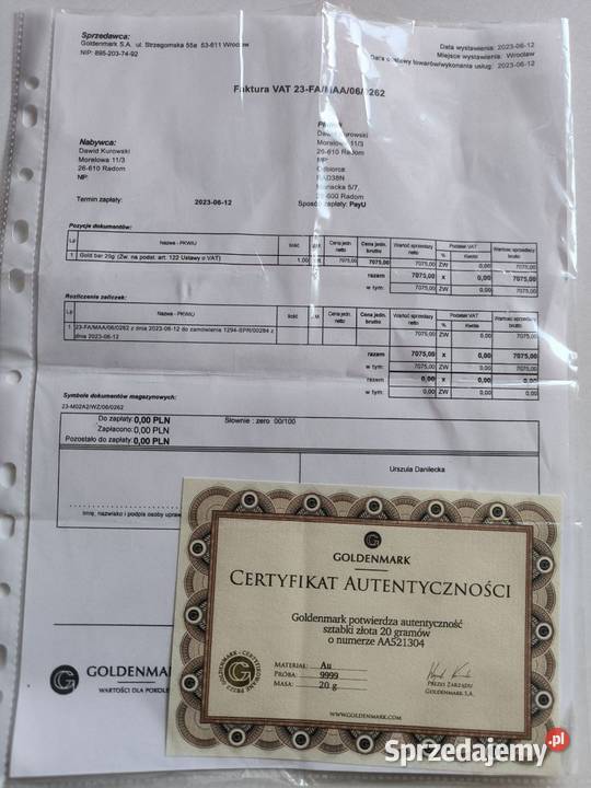 Sztabka ze złota 20 gramuw Legnica
