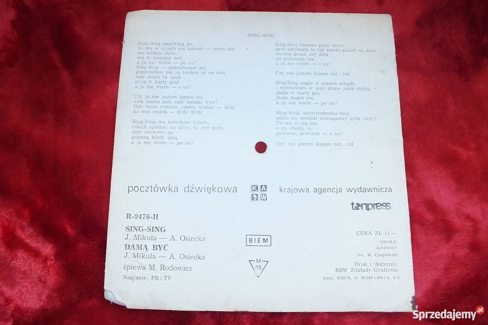 Stara pocztówka dźwiękowa M Rodowicz Sing Sing płyta winylowa lubuskie