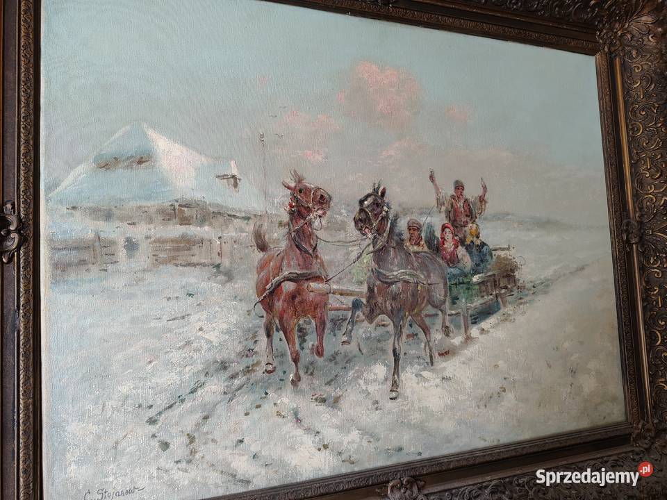 Stary obraz olejny Zimowa sanna Malarstwo sprzedam