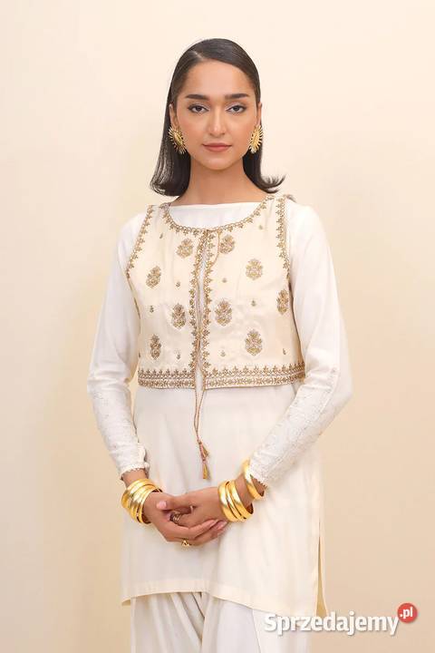 Biała kermowa kamizelka XL 44 złoty haft boho biały Pozostałe Szczecin