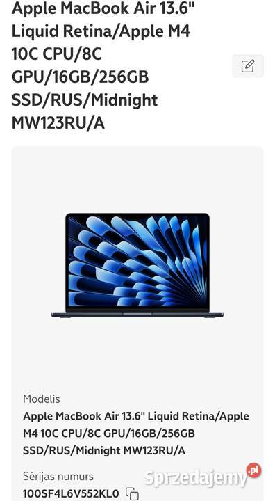 Sprzedam Apple MacBook Air M4 136