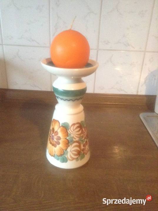 Świecznik z fajansuręcznie malowanysygnowany