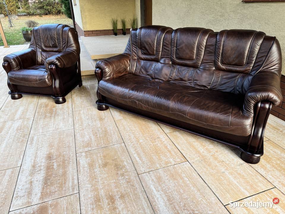 Wypoczynek skórzany stylowy brązowy kanapa fotel Sulbiny