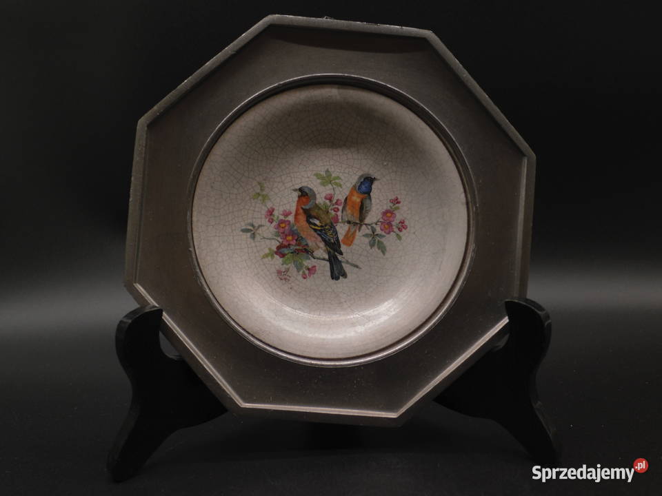 Ceramiczny talerz w oprawie cynowej wielkopolskie Raszków