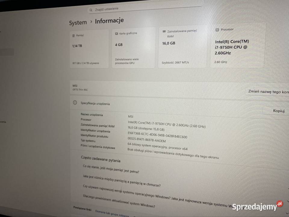 Laptop Gamingowy GF75 Thin 9SC i7gtx165016GB wielkopolskie Ostrów Wielkopolski sprzedam