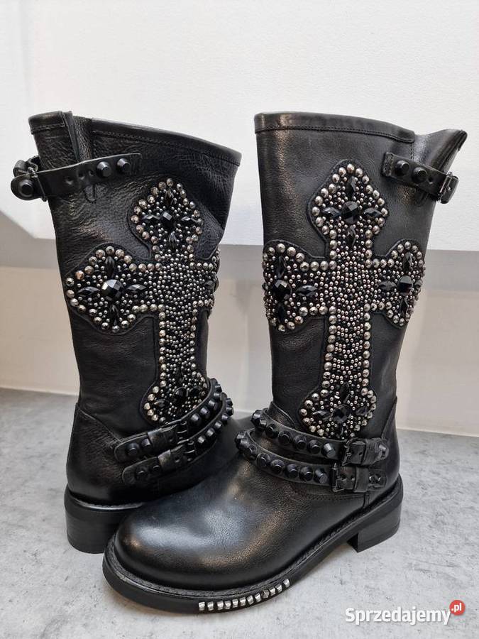 Botki Kozaki Skóra Czarne Kamienie Ćwieki 36 Żywiec