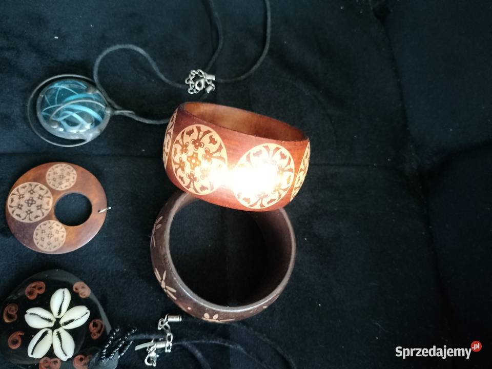 Bransoletki wisiorki zawieszki drewno szkło pel Antyki, Sztuka, Kolekcje