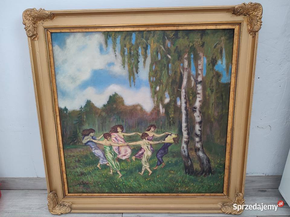 Piękny obraz scena rodzajowa sygnowany olejny na Łódź sprzedam