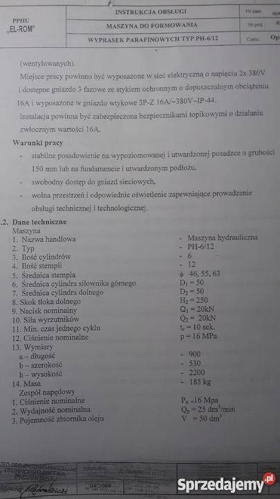 Prasa hydrauliczna do produkcji wyprasek Gorlice