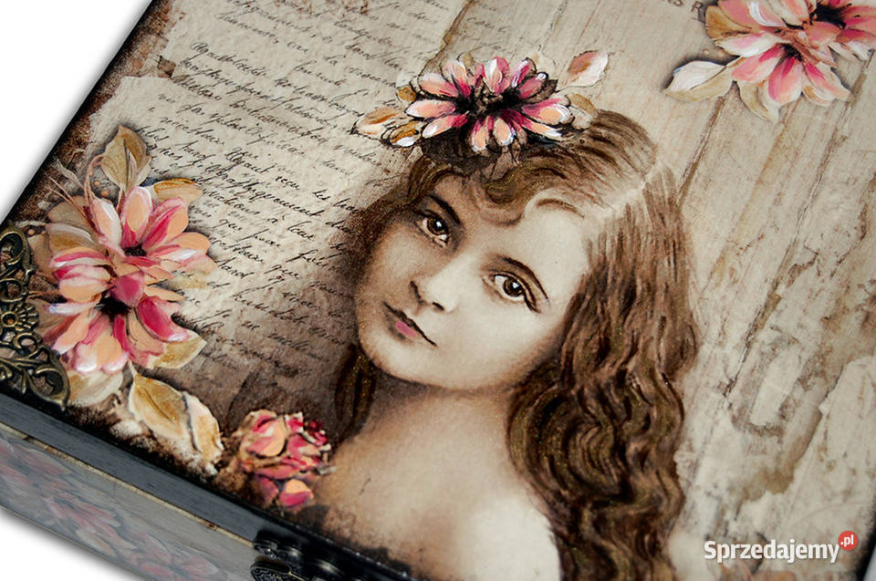 SZKATUŁKA pudełko drewniane VINTAGE GIRL 20X20 Dom i Ogród Bydgoszcz