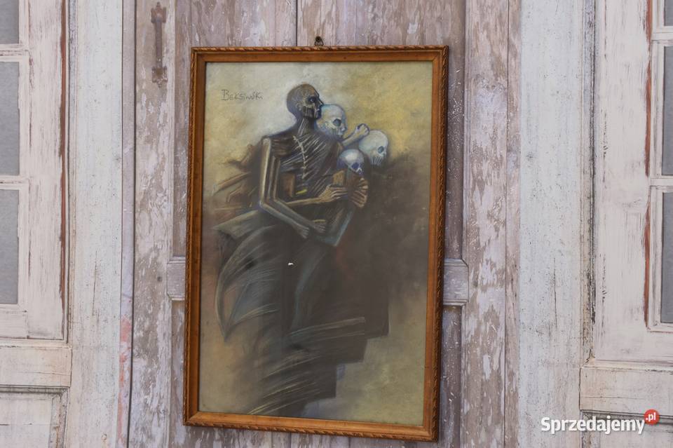 Beksiński Pastel na Kartonie Szkłem Stary Obraz