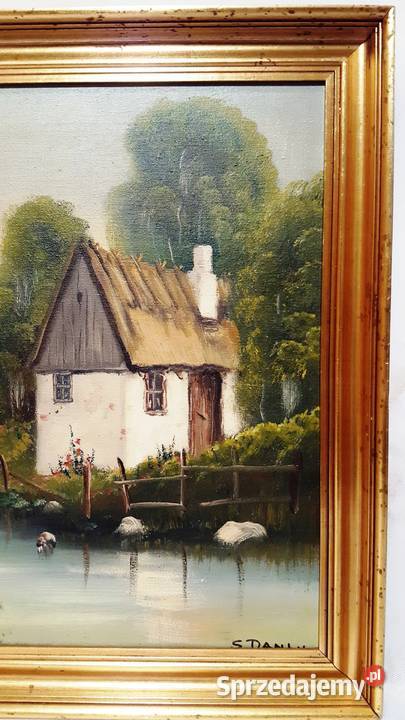 Stary ładny olejny na płótnie Wiejski pejzaż w mazowieckie Warszawa