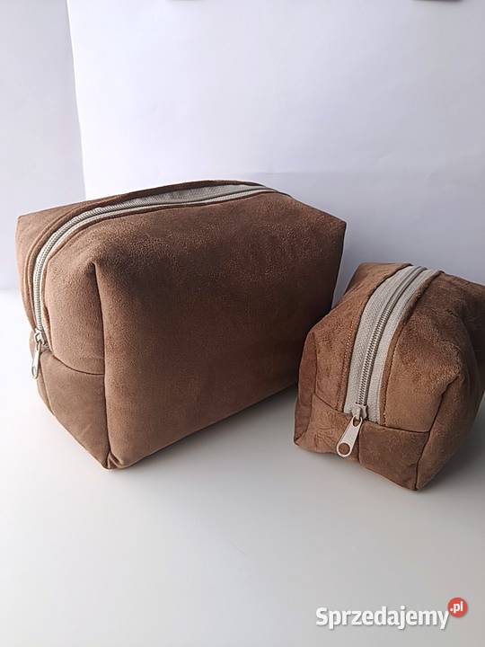 Kosmetyczka duża welur brązowa handmade zestaw