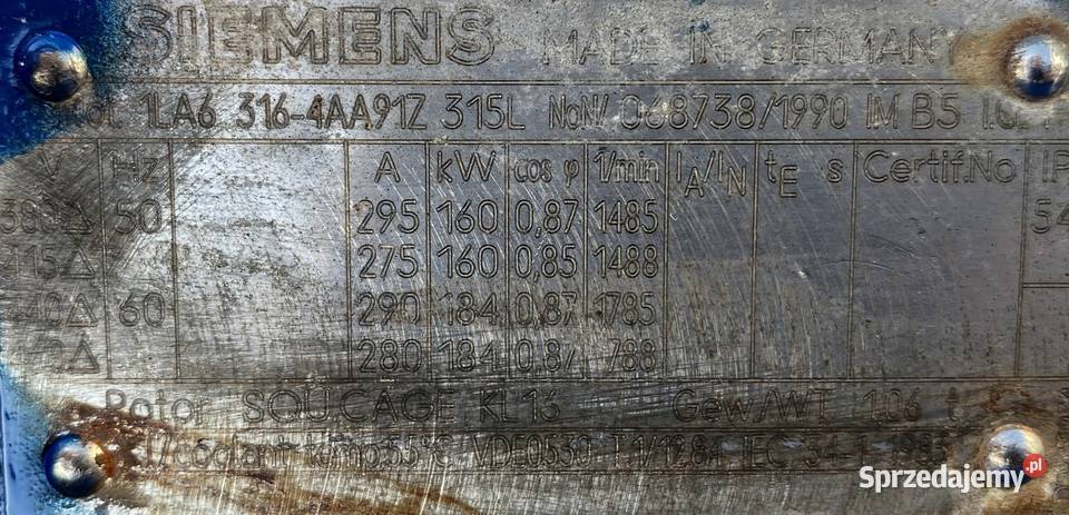 silnik elektryczny 160kW 1485obr SIEMENS 315B5 Pigża
