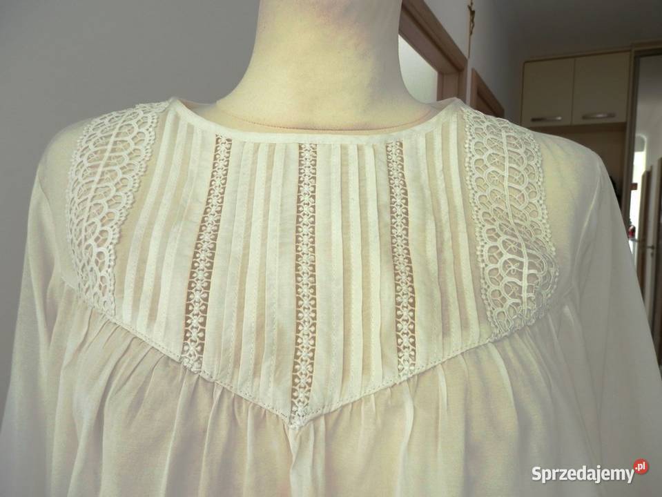 Bluzka HM Kremowa Haft Ażur Boho Nowa z Metka XL długi Bluzki i koszule Łomża