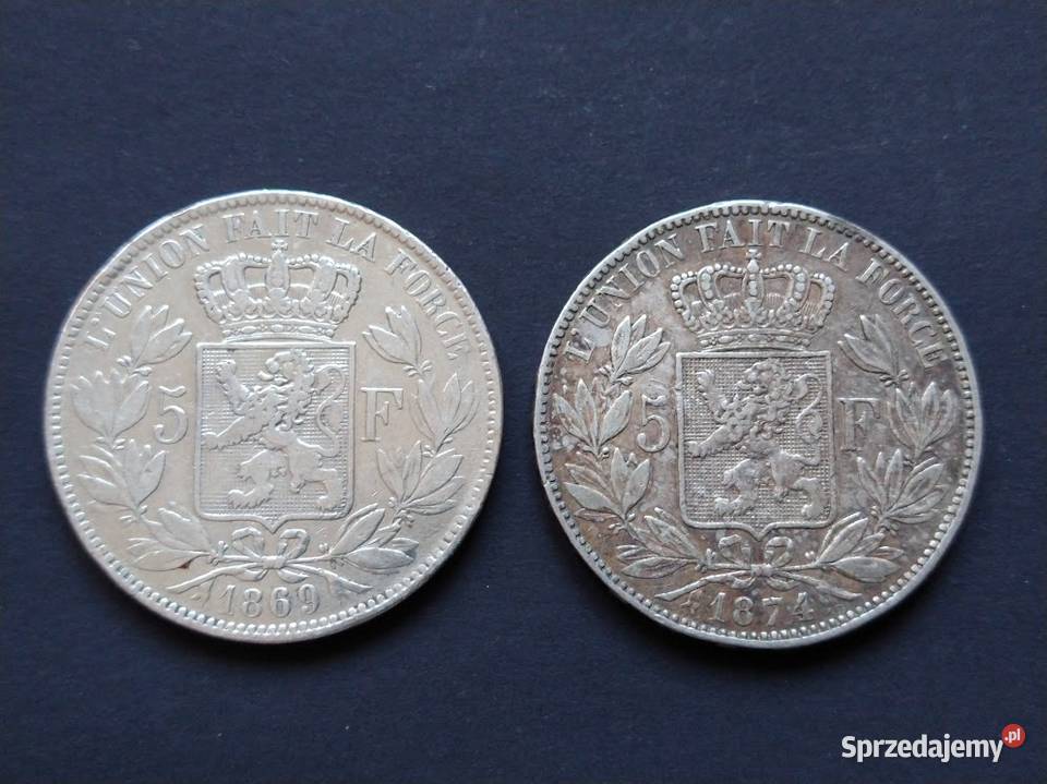 Belgia Dwie srebrne monety o nominale 5 Franków Żukowo