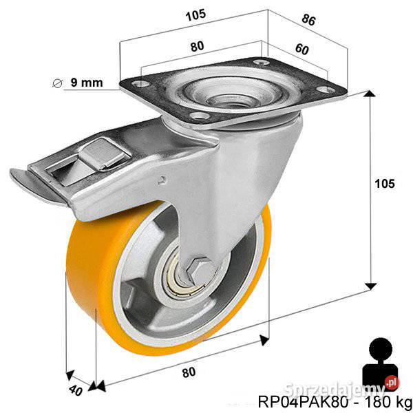 Zestaw Kołowy 80 mm Obrotowy Z Hamulcem Koło Rybnik