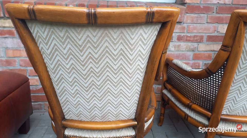Fotel 2 orzechowy rattanowy z tapicerką beżową Antyki, Sztuka, Kolekcje Gawroniec