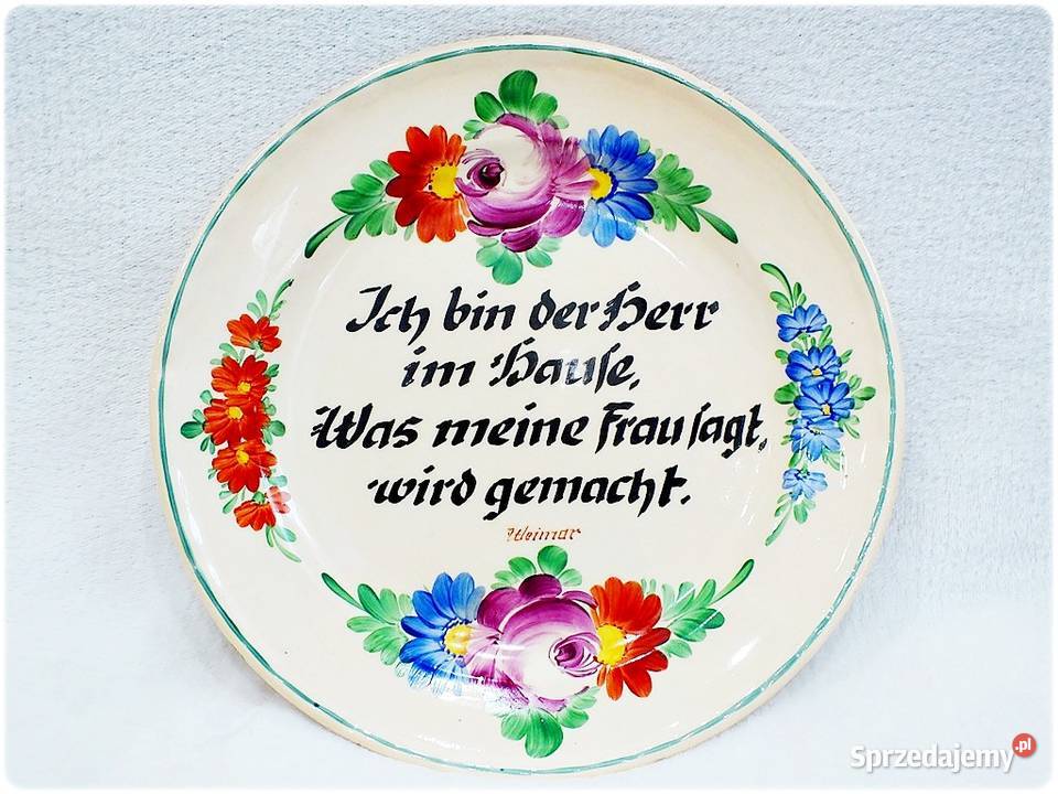 Stary Talerz naścienny malowany z sentencją lata