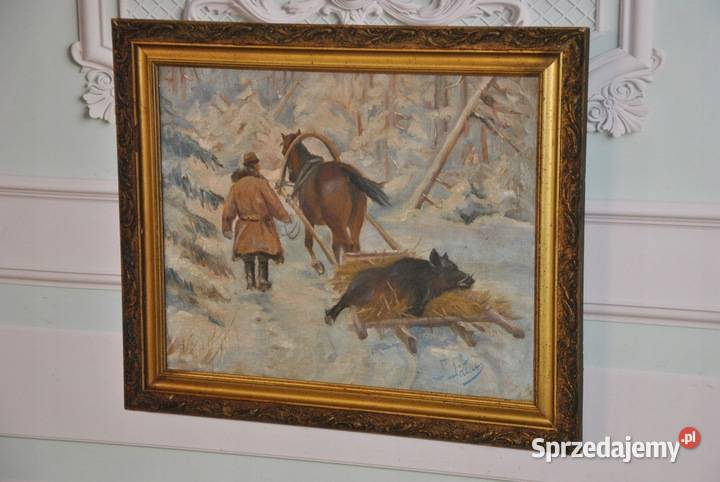 J Fałat Upolowany Dzik Stary Duży Obraz Unikalna małopolskie Kraków sprzedam