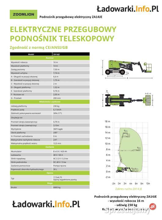 PODNOŚNIK PRZEGUBOWY ELEKTRYCZNY ZOOMLION 14JE Katowice