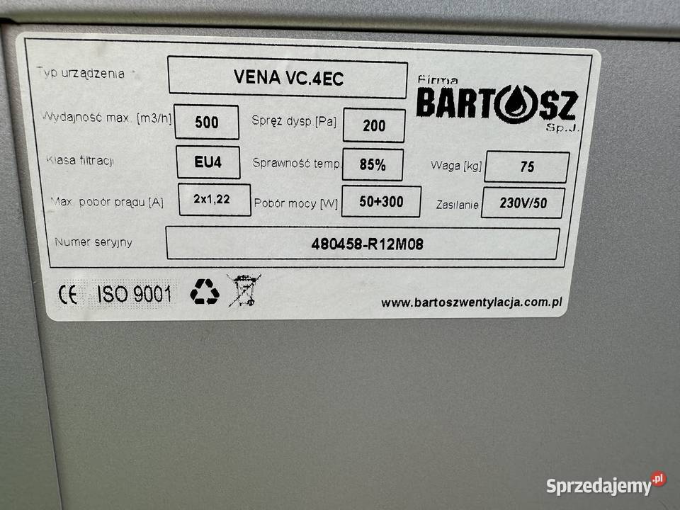 Rekuperator Bartosz Vena 500m3h Pozostałe Izdebnik sprzedam
