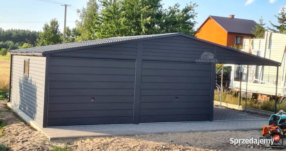 GARAŻ BLASZANY 6m x 6m WIATA 3M DWUSPAD 2xBRAMA Domki narzędziowe Łapanów