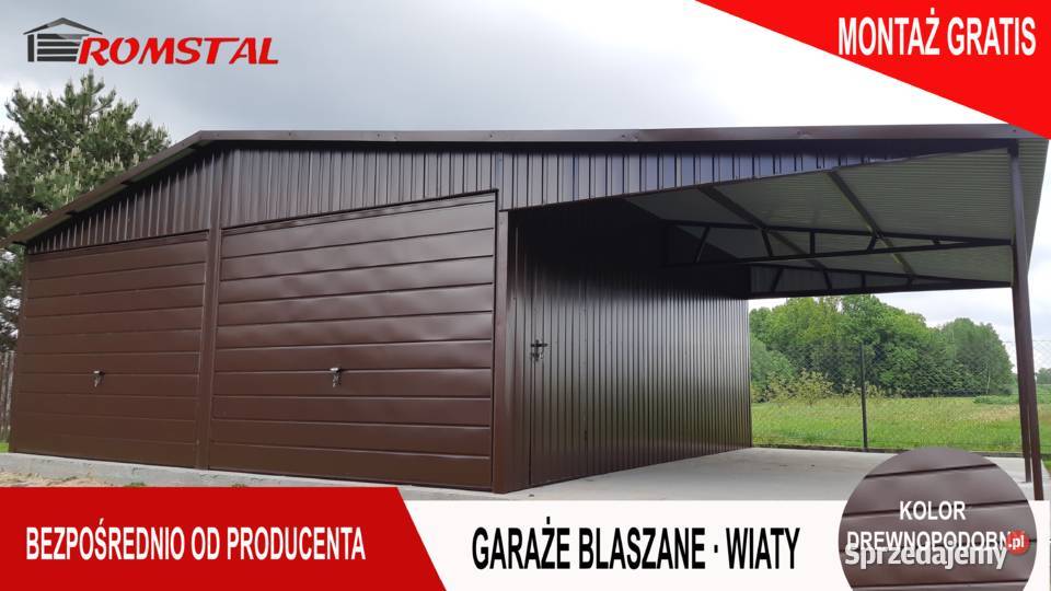 BRĄZOWY Garaż Blaszany 9x6 z ZADASZENIEM BOCZNYM Kwidzyn