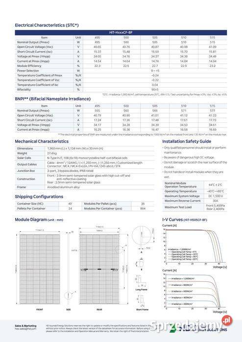 Panel fotowoltaiczny Hyundai Solar HiTH500CFBF sprzedam