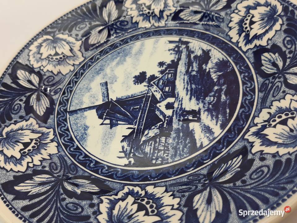 Piękny talerz kobaltowy Delft wiatrak sygnowany Inowrocław
