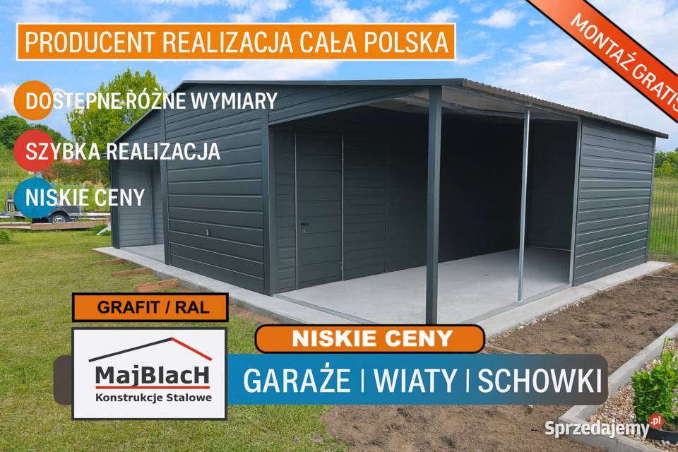 Ładny Garaż Blaszany GRAFITOWY z zadaszeniem samodzielny Brzesko