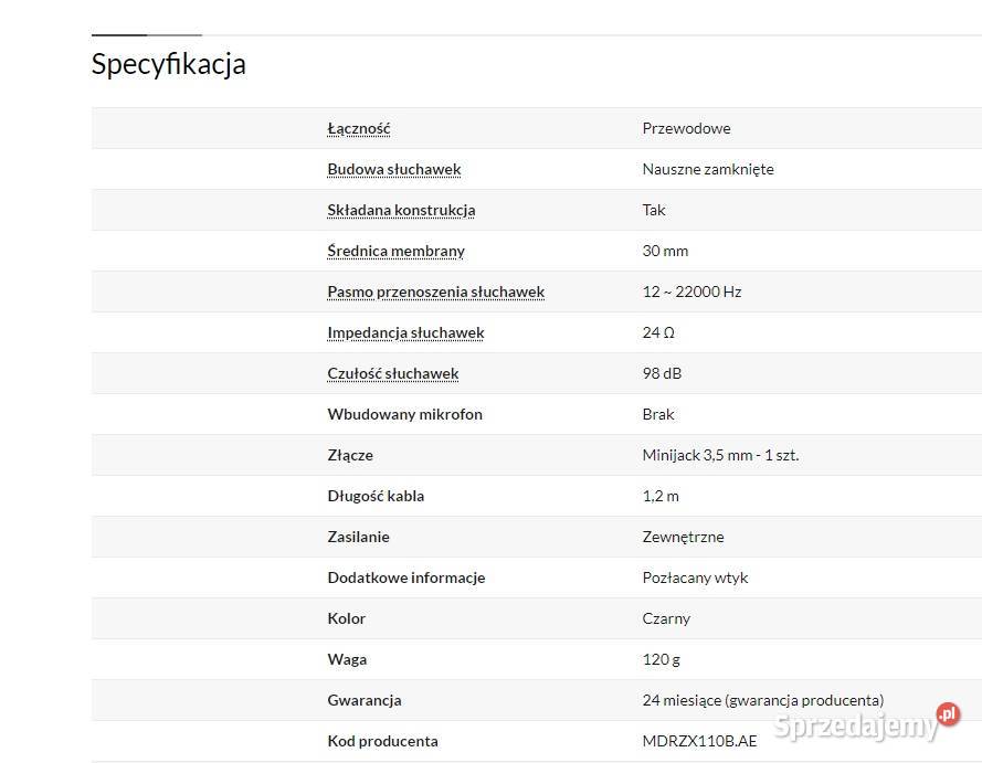 Słuchawki Sony MDRZX110 czarne nowy komplet lubelskie Dęblin