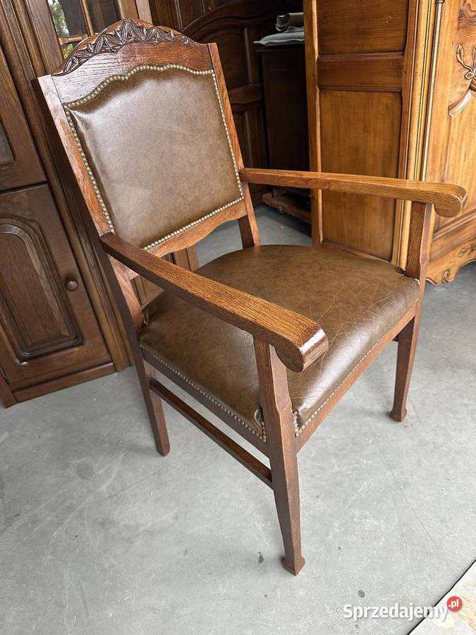 Elegancki fotel stelaż dębowy obicie skóra Sławoszewek