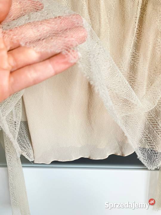 Nowa cielista romantyczna jedwabna bluzka Moleta brązowy/beżowy Nisko