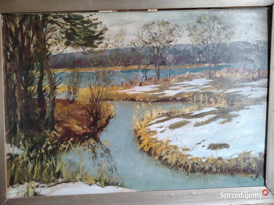 Zimowe roztopy obraz olejny antyk Kartuzy