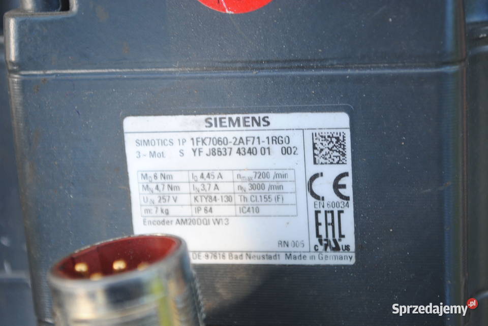 Silnik SERVOMOTOR 1FK70602AF711RGO Siemens Pozostałe lubuskie Kargowa