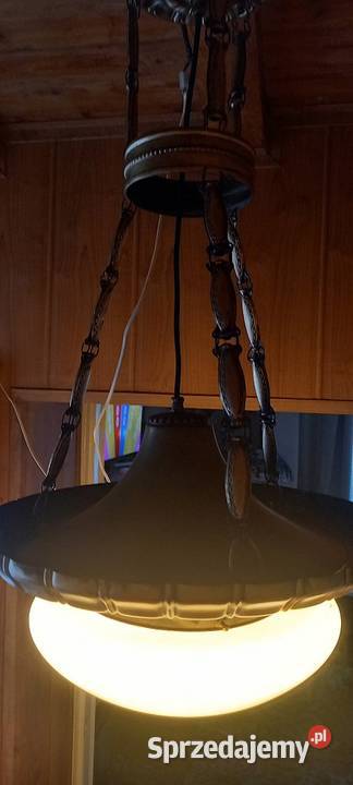 Stara wisząca lampa z mosiądzu duży klosz ampla łódzkie