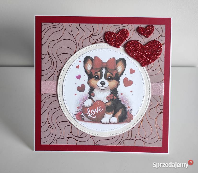 Kartka ręcznie robiona na Walentynki z pieskiem Łódź