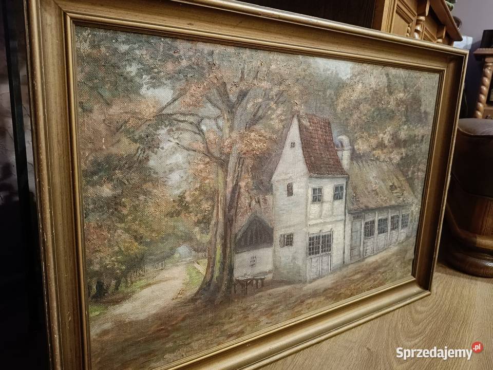Stary obraz olejny na płótnie Sielankowy pejzaż Obrazki i obrazy Lipno