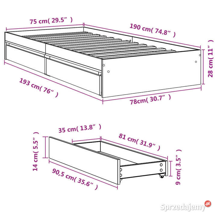 Rama łóżka z szufladami biała 75x190 WM3280713 Warszawa