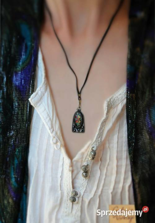 Stary wisior filigran mosiądz malowany kwiaty Lublin