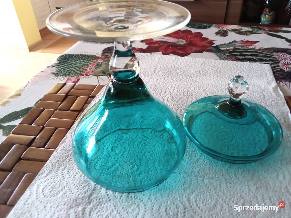 PRL bomboniera art deco szkło lazur