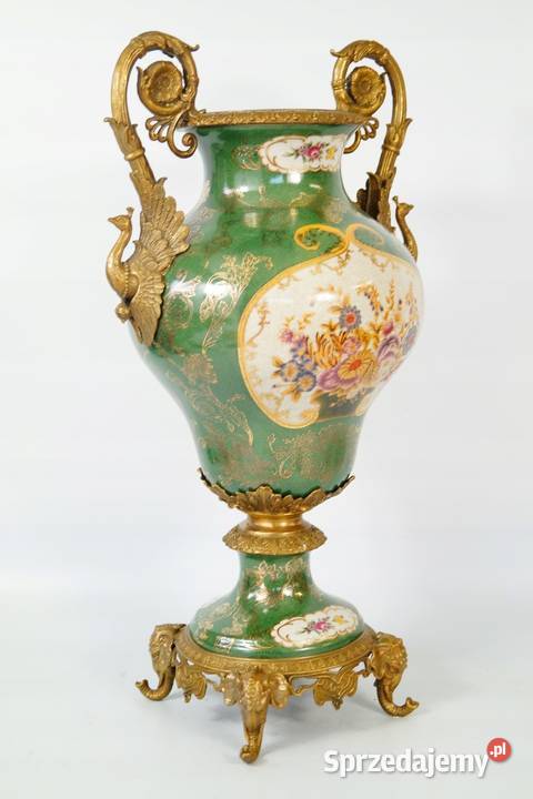 Porcelanowa Waza wazon okuty brązem zielony Gizałki