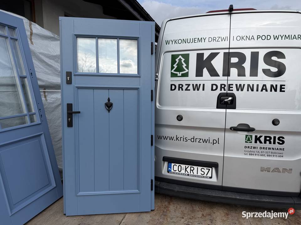 Drzwi zewnętrzne drewniane RĘKI niebieskie małopolskie Kraków sprzedam