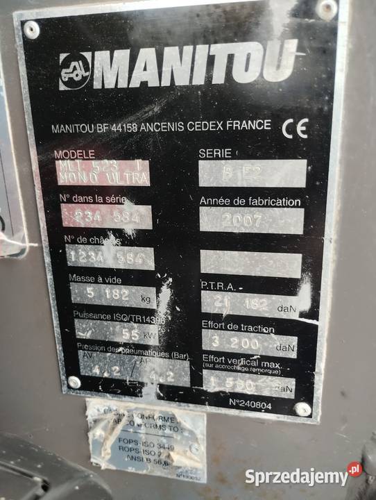 Ładowarka teleskopowa Manitou MT 523 TURBO MLT Rok produkcji 2007 Pozostałe Józefów