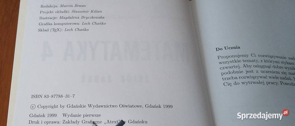 Matematyka 4 Z PLUSEM zbiór zadań Marcin Braun Rok wydania 1999 Gdańsk